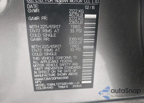 2016 Nissan Rogue Sv from USA, damaged, VIN KNMAT2MV3GP660998